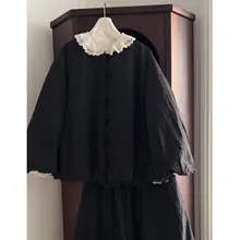 新中式デザイン 黒のフリル付きジャケットとチュールスカート【秋冬・大きいサイズ・ファッション】（セットアップ対応）