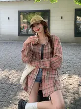 韓国風レトロデザインのピンクチェックシャツ【ゆったりフィット・長袖・日焼け防止】