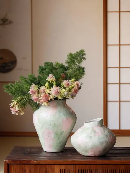 花瓶 陶器 チャイナテイスト ヴィンテージ 淡いピンク 爽やか リビング 玄関 インテリア雑貨