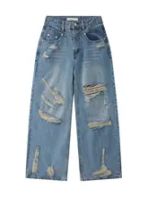 ブルーのウォッシュドヒッピー風ダメージデニムパンツ【ゆったりフィット・ストレートレッグ】（セットアップ対応）