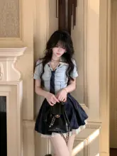 少女学院風シャツカラーウエスト絞りトップスとレトロチェックのプリーツスカート（セットアップ対応）