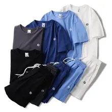 夏季快適！全棉素材 男性用ショートスリーブTシャツ＆ショートパンツ【通気性・カジュアル運動】（セットアップ対応）