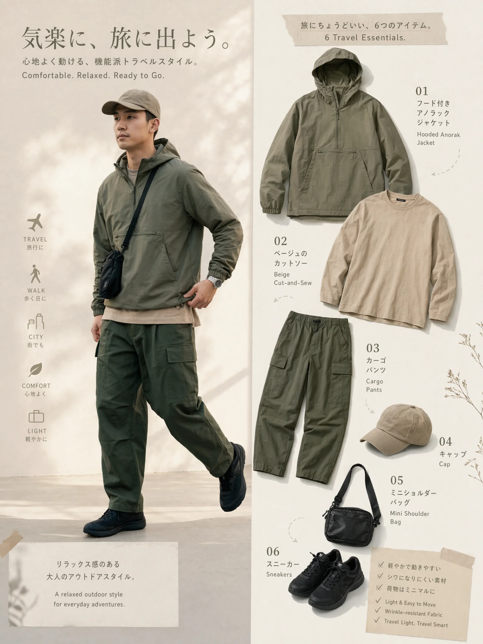 オリーブグリーンのカーゴパンツを中心に、ベージュの長袖Tシャツ、黒のショルダーバッグ、カーキのキャップ、フード付きアノラックを合わせた都会的な着こなし
