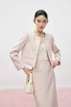 シャネル風 ピンク ショートジャケット 春秋用 女性用 上品なセットアップ