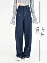 春秋用ルーズフィット小柄向けデニムパンツ【明線デザイン・ワイドレッグ・ロングタイプ】