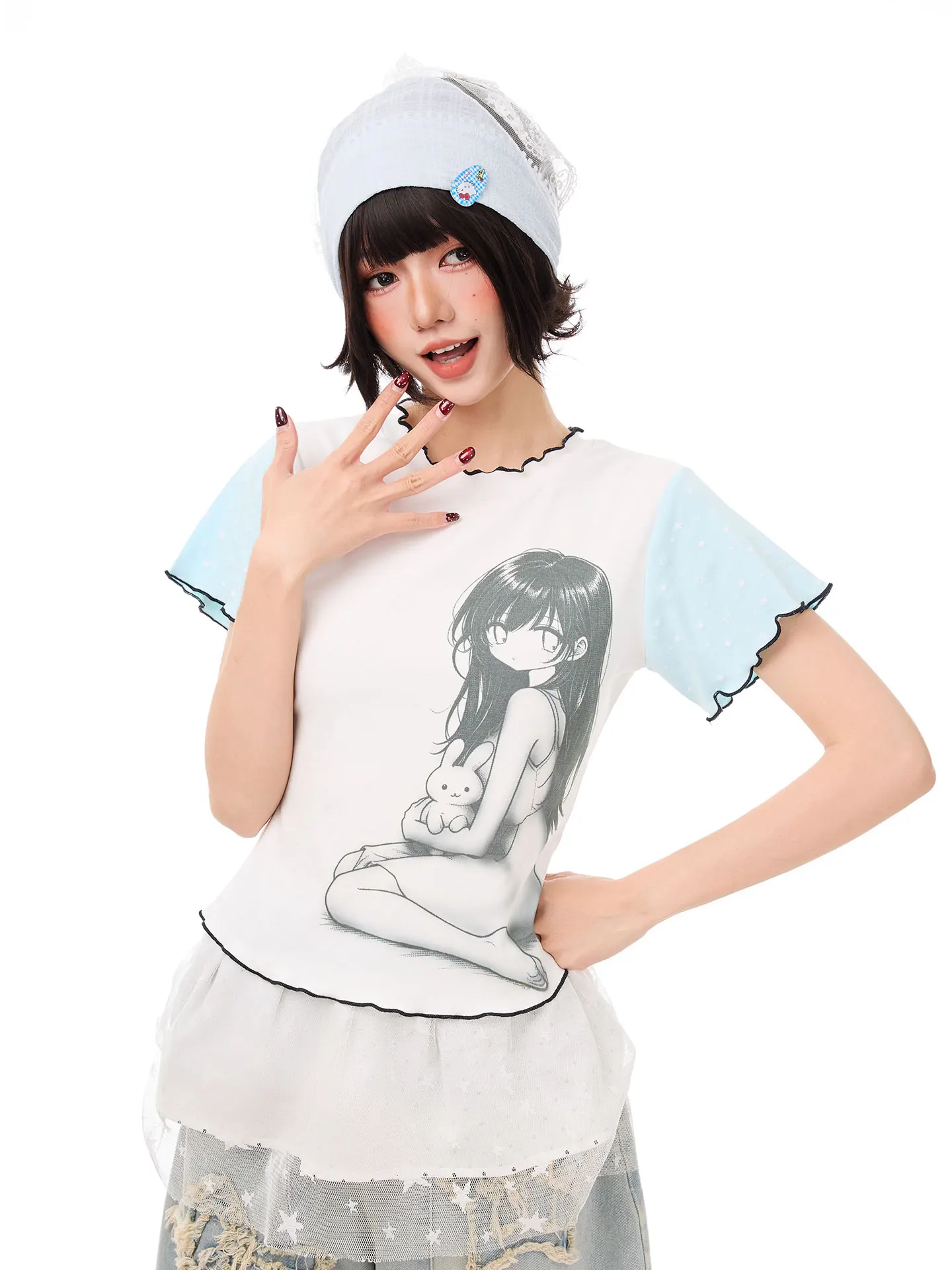 カートゥーンデザインのショートスリーブTシャツ：Y2Kスタイル・  ドット柄・フリル付きの夏用カスタムアイテム