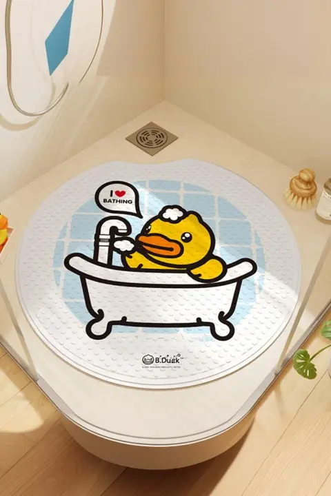 かわいいアヒルデザインの丸型バスルームマット【防滑・子供用・お風呂やトイレに最適】