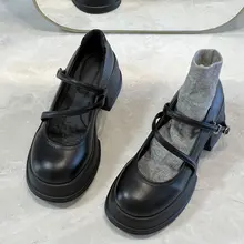 牛革製 厚底マリジェンシューズ【イギリス風・太ヒール・ラウンドトゥ】