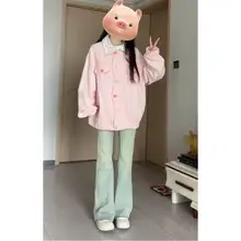 ピンクの小花柄デニムジャケット【春秋用・ゆったりデザイン・襟付き】（セットアップ対応）