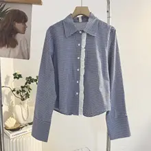 レースアクセントの青いチェック柄長袖シャツ【フレンチスタイル・女性用】