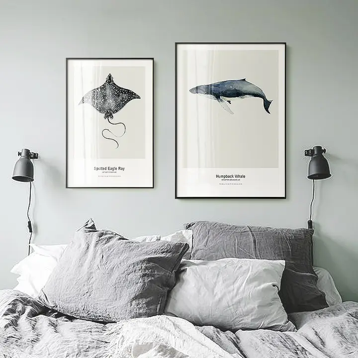 北欧風モノクロートリプティックアート【魚・海洋生物・インテリア装飾用】