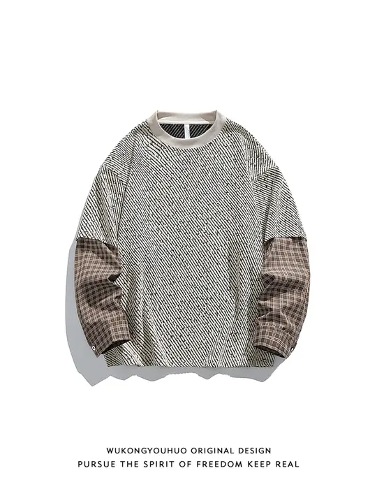 長袖Tシャツ メンズ フェイクレイヤード チェック柄 パッチワーク オーバーサイズ ヴィンテージ カジュアル 秋