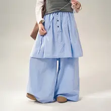 ブルーのストライプワイドレッグスカートパンツ【コーデ・カジュアルパンツ・トップス】（セットアップ対応）