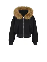 フード付き取り外し可能なファーの裏起毛パーカー【女性用・ショート丈・ジッパータイプ】