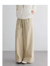 日本の伝統的な近江晒布使用！皺感のあるコットン製ドローストリングワイドパンツ【直筒デザイン】（セットアップ対応）