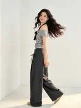 ストライプ切替のリボン付きカジュアルパンツ【ゆったりストレート・春用】（セットアップ対応）