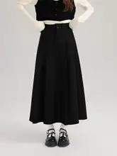 秋の高腰ブラックAラインプリーツスカート【ロング丈・体型カバー・大きいサイズ】（セットアップ対応）