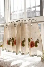 リネン混半カーテン【刺繍デザイン・カフェスタイル・穴あけ不要】
