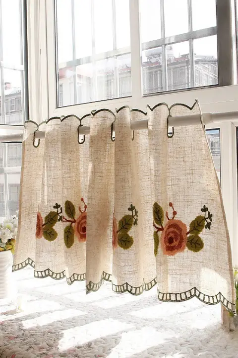 リネン混半カーテン【刺繍デザイン・カフェスタイル・穴あけ不要】
