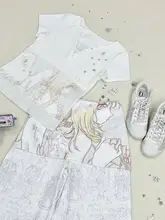 Y2KスタイルのアートプリントTシャツ【エンジェルデザイン・半袖・白銀加工】（セットアップ対応）