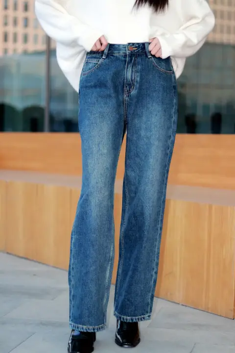 デニムパンツ 女性 冬新作 ゆったりデザイン カジュアル ストレートパンツ