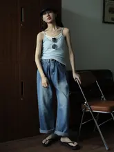レトロブルーのハイウエストワイドレッグデニムパンツ【カジュアル・ストレート】