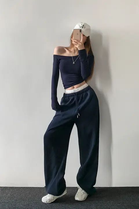レディース フェイクレイヤードレースデザイン ハイウエストワイドパンツ【ゆったりフィット・伸縮性ウエスト】