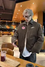 冬用アメリカンヴィンテージ風ブラウンコート【翻訳の襟・ユニセックス・ゆったりしたデザイン・カジュアル】