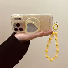 愛らしいハート形マグネットスマホスタンド【ミルクイエロー・ドット柄・iPhone対応】