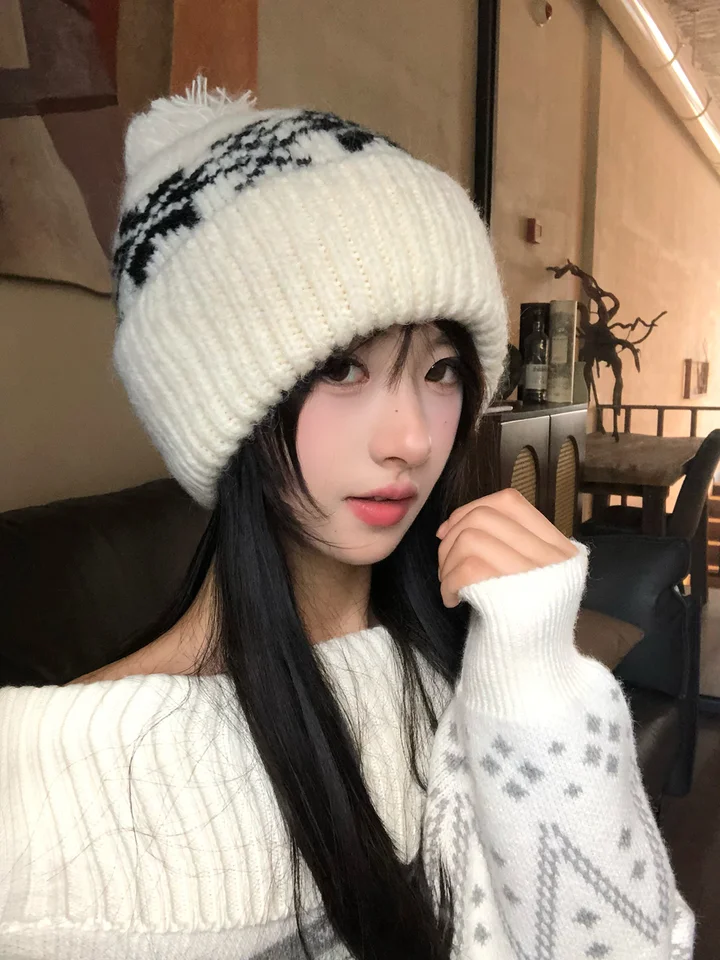 レトロフェアアイル柄ポンポンニットキャップ【冬用・厚手・保温】