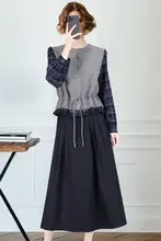 魅力的なチェック柄のニットプルオーバーとスカート【ウエストリボン付き・秋用・カジュアルスタイル】（セットアップ対応）