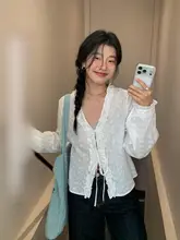 フリル付きフレンチスタイル白いリボン長袖シャツ【春用・女性用】