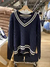 ツイスト編みVネックカラーブロックニットセーター【秋冬用・ゆったりシルエッ ト・アカデミックスタイル】