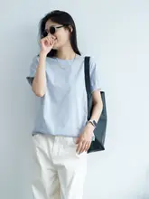夏季通勤用 レディース 緩やかフィット 無地 Tシャツ【霧のようなブルー・クルーネック・薄手】