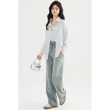 高腰デニムパンツ【春夏用・ゆったりフィット・ストレート・スリム・ワイドレッグ】
