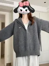 グレー フード付き ニットカーディガン【秋冬用・ルーズフィット・ジッパー付き】