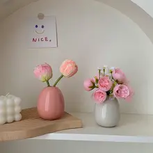 セラミック花瓶とピンクのデイジーの造花【インテリアデコレーション・デスク・リビングルーム・玄関用】