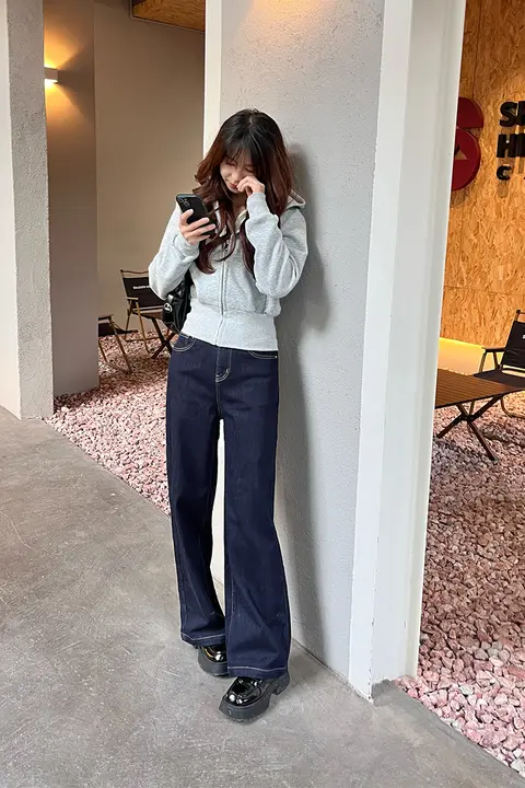 REMOULD 冬用 加绒デニムパンツ【深青・ストレート・スリムフィット】