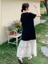 レース切替のブラックTシャツワンピース【リラクシング・フレアスカート・夏用】（セットアップ対応）
