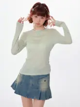 春夏用 薄手レトロリボン付きニット長袖トップス【フィット感・半透け】