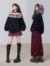 パーカー レディース ヴィンテージ チェック柄 裏起毛 ルーズ 重ね着風 春 「KEIKO」