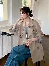 英国風のバイカラーチェックウエスト収束中長丈トレンチコート【春秋用・スリムフィット・小柄に最適】