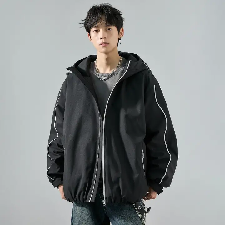 メンズ アウトドアダウンジャケット【防寒フード付き・デザインステッチ】