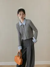 学院風グレーのニットカーディガン【ショート丈・フィットデザイン・秋用】