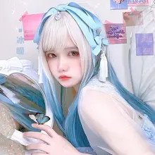 かわいいロリィタスタイルのグラデーションロングウィッグ【アイスブルー・フルカバーモデル】