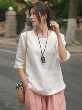 ホワイトリネンTシャツ【レトロ・アートスタイル・ラウンドネック・ゆったりフィット・短袖】