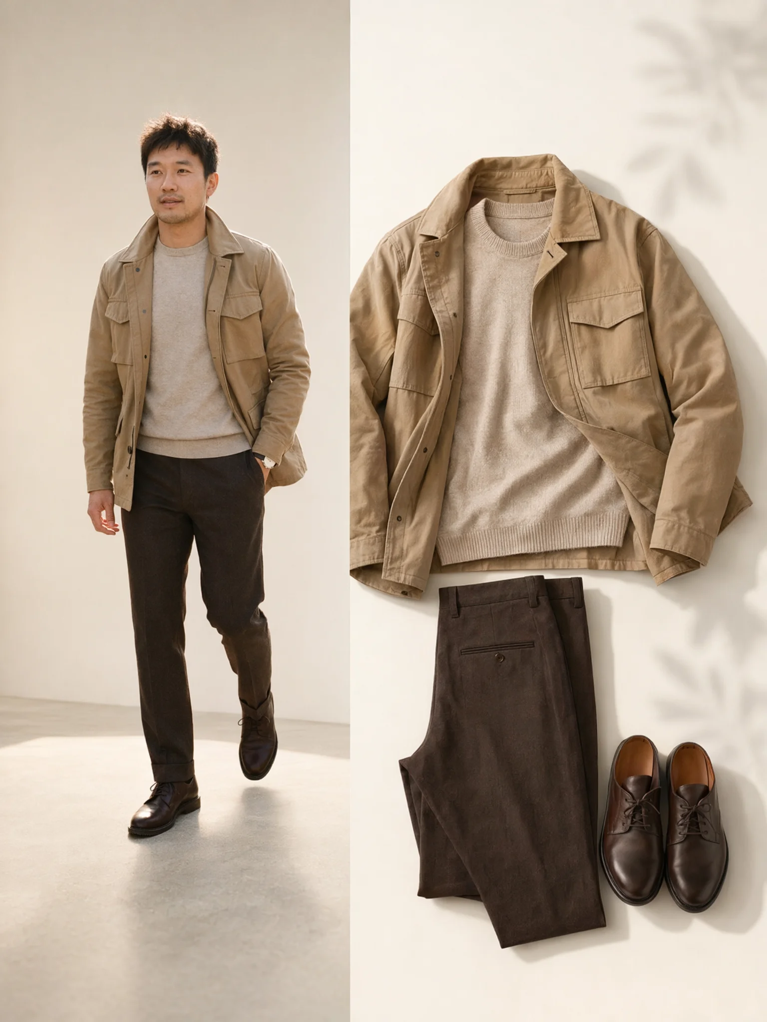 ベージュのニットにキャメルのジャケット、ダークブラウンのパンツとレザーシューズを合わせた男性のアースカラーコーデ