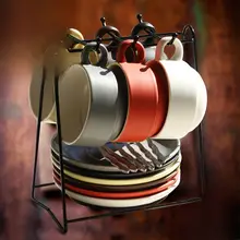 シンプルデザインの欧風陶器コーヒーカップセット【ソーサー・スプーン付き・骨China製・収納スタンド含む】