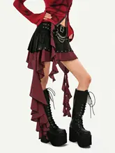 パンクロックスタイル 不規則なデザインのチェック柄スカート【フリンジ付き・ ウエストベルト】（セットアップ対応）