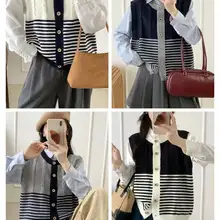 レトロカラーコンビネーションストライプニットベスト【女性用・秋冬用・重ね着スタイル】